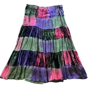 Medium Vintage 90s Carrie Allen Patchwork Boho Tiered Skirt Rayon Festival